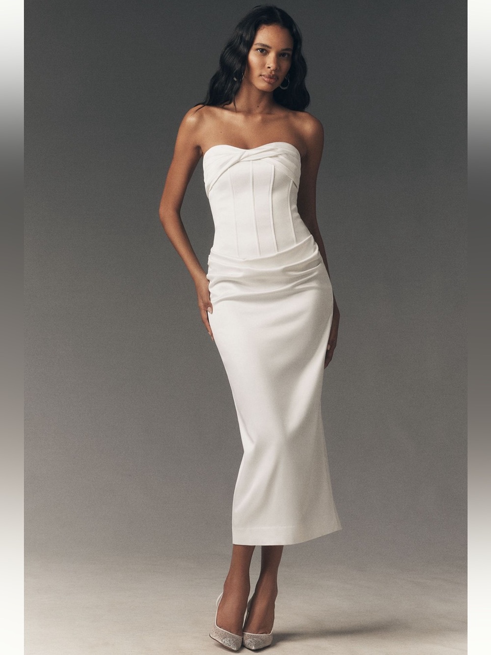 BHLDN Corseted Strapless Satin Maxi Dress
